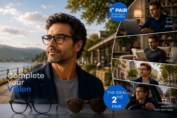 Complete Your Vision: premium HOYA 1st pair for everyday, plus the ideal 2nd pair for work, reading, sun and driving