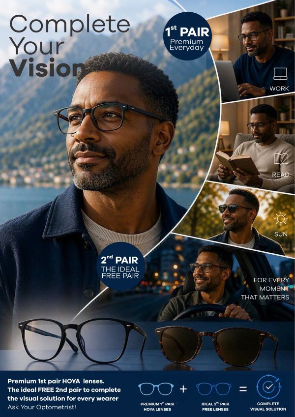 Complete Your Vision poster: 1st pair premium everyday, 2nd pair the ideal free pair